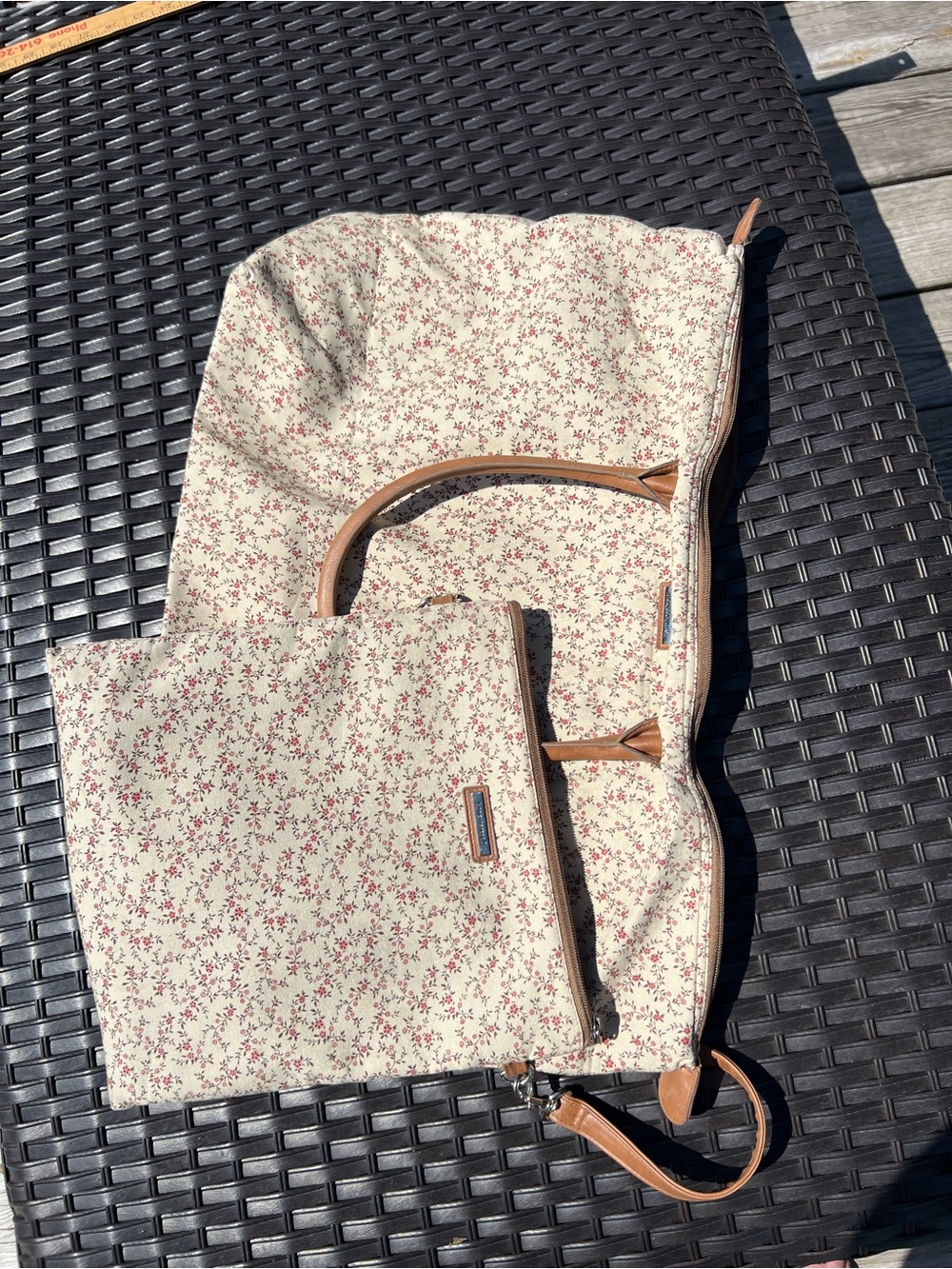 Vintage Longaberger Homestead fabric tote bag and matching zippered pouch set